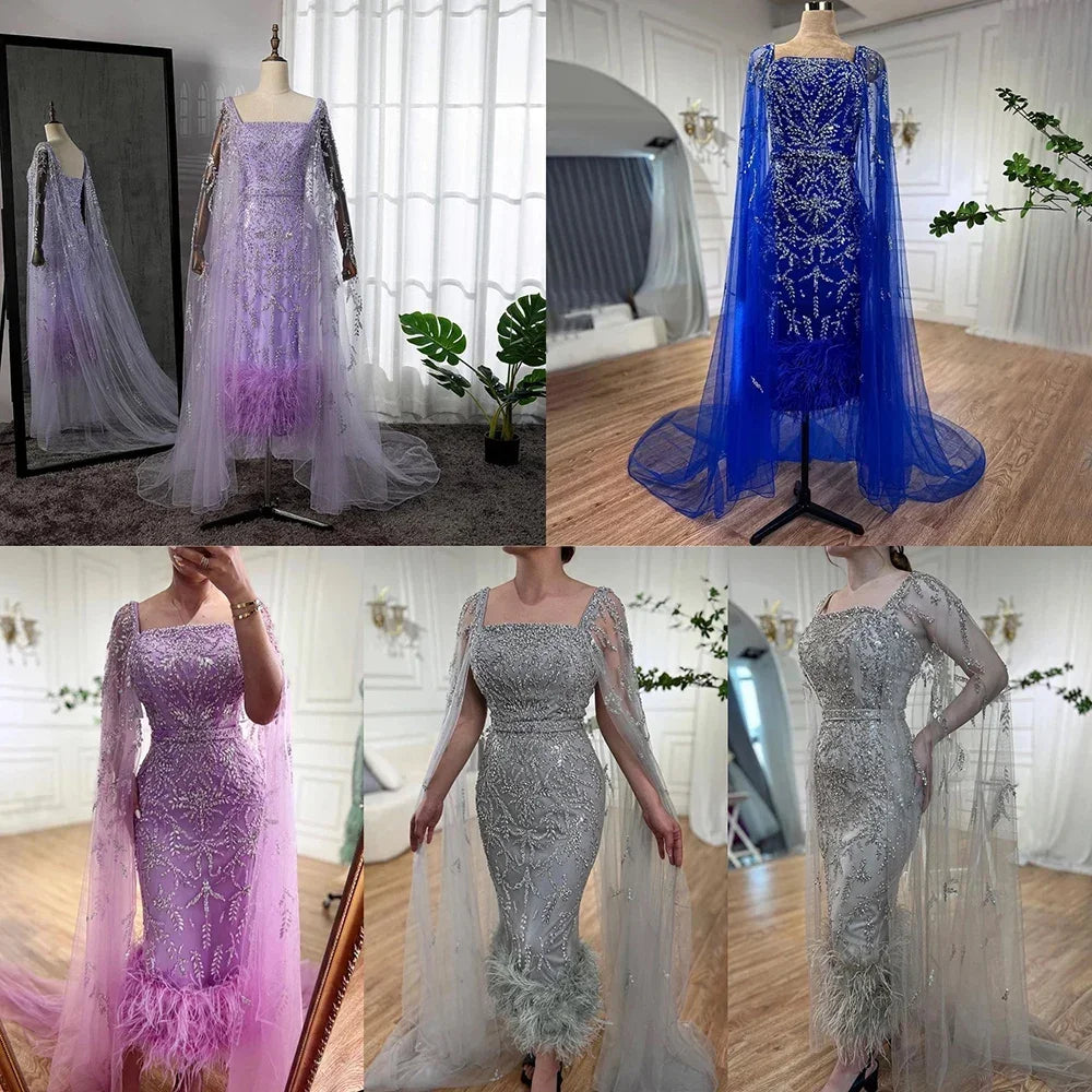 Lilac Ankle Length  Midi Feather Beaded Luxury Evening Dresses With Cape Gowns For Women Party 2024