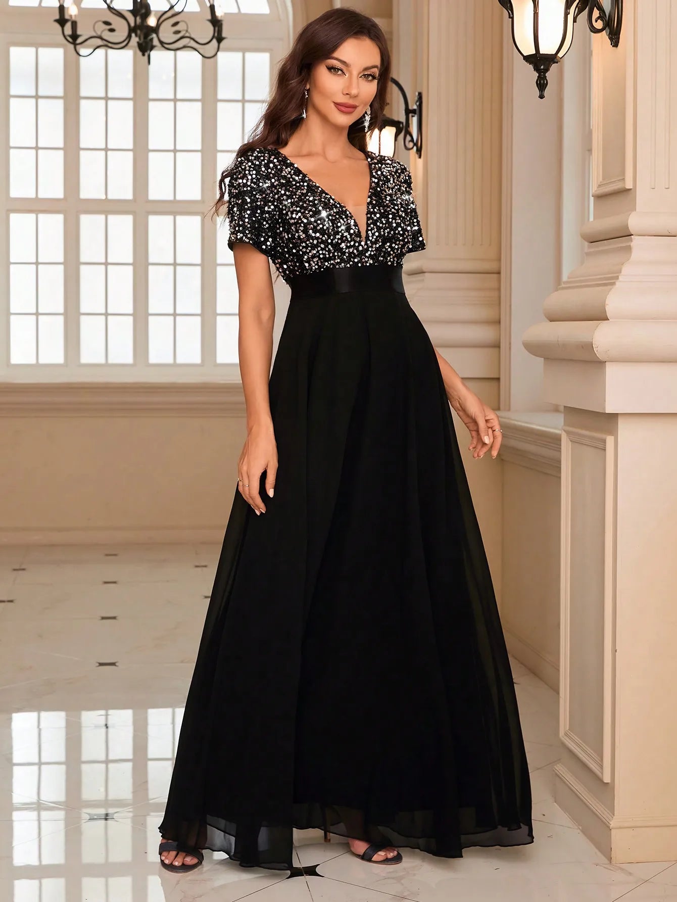 Elegant Contrast Sequin Chiffon Formal Dress