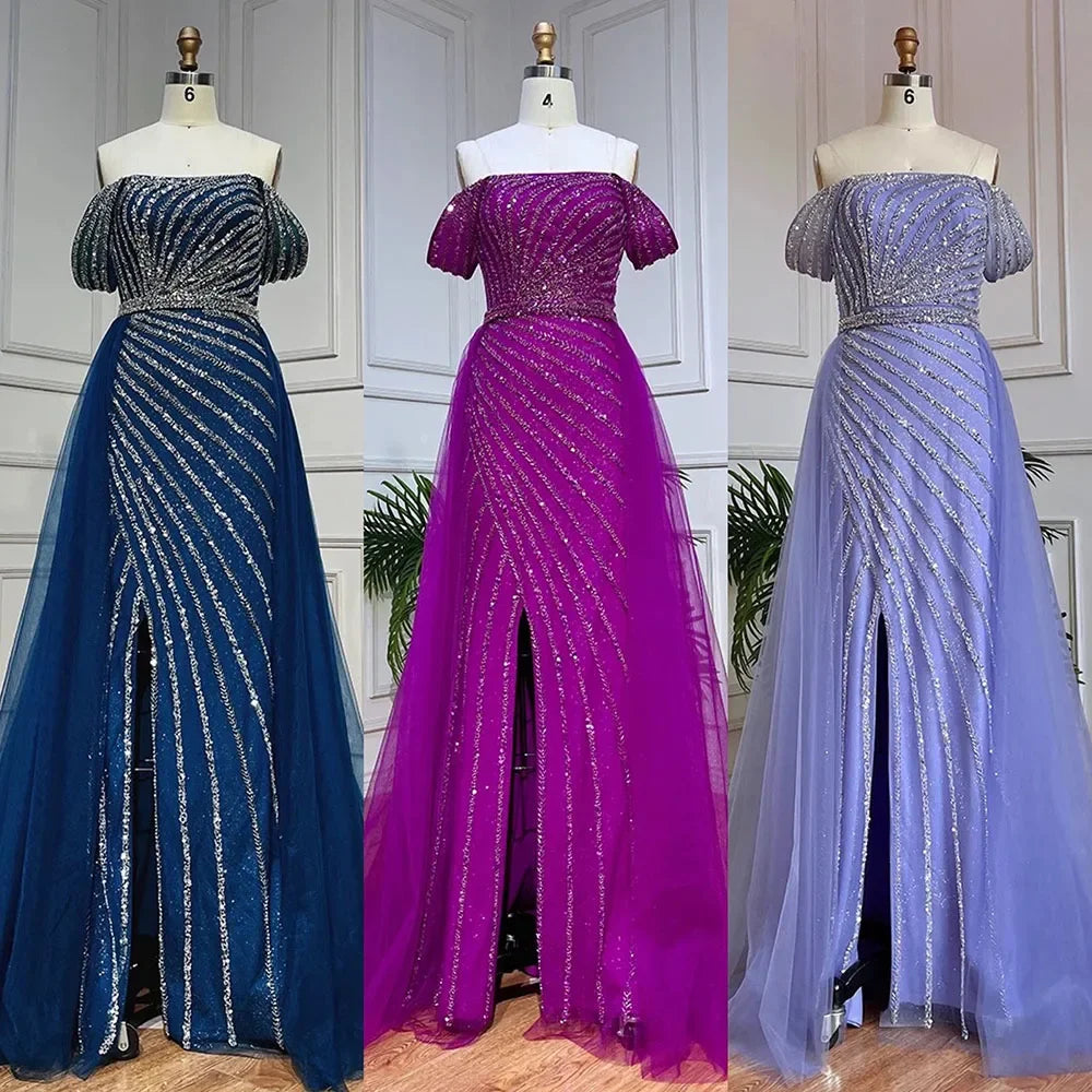 Blue Boat Neck Split Elegant Beaded Evening Dresses