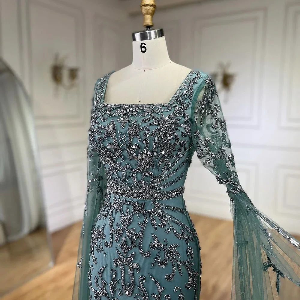 2024 turquoise with Beaded Cape Sleeves Design Long Evening