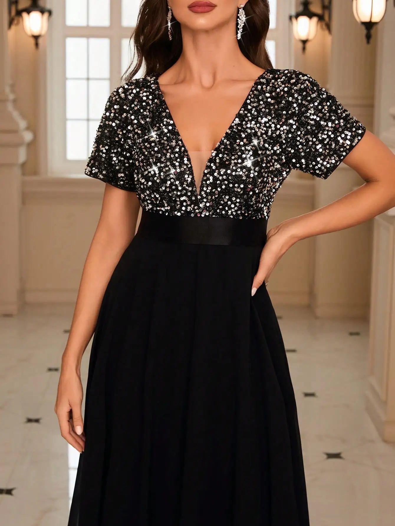 Elegant Contrast Sequin Chiffon Formal Dress