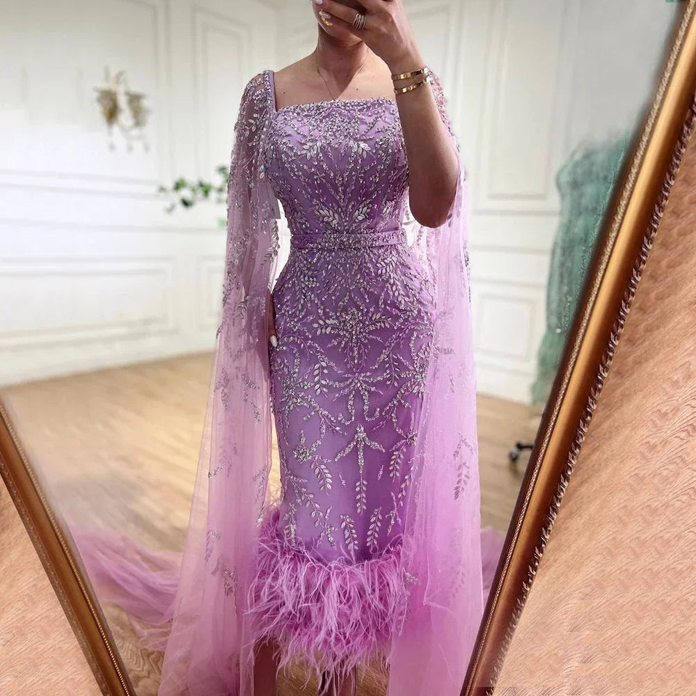 Lilac Ankle Length  Midi Feather Beaded Luxury Evening Dresses With Cape Gowns For Women Party 2024