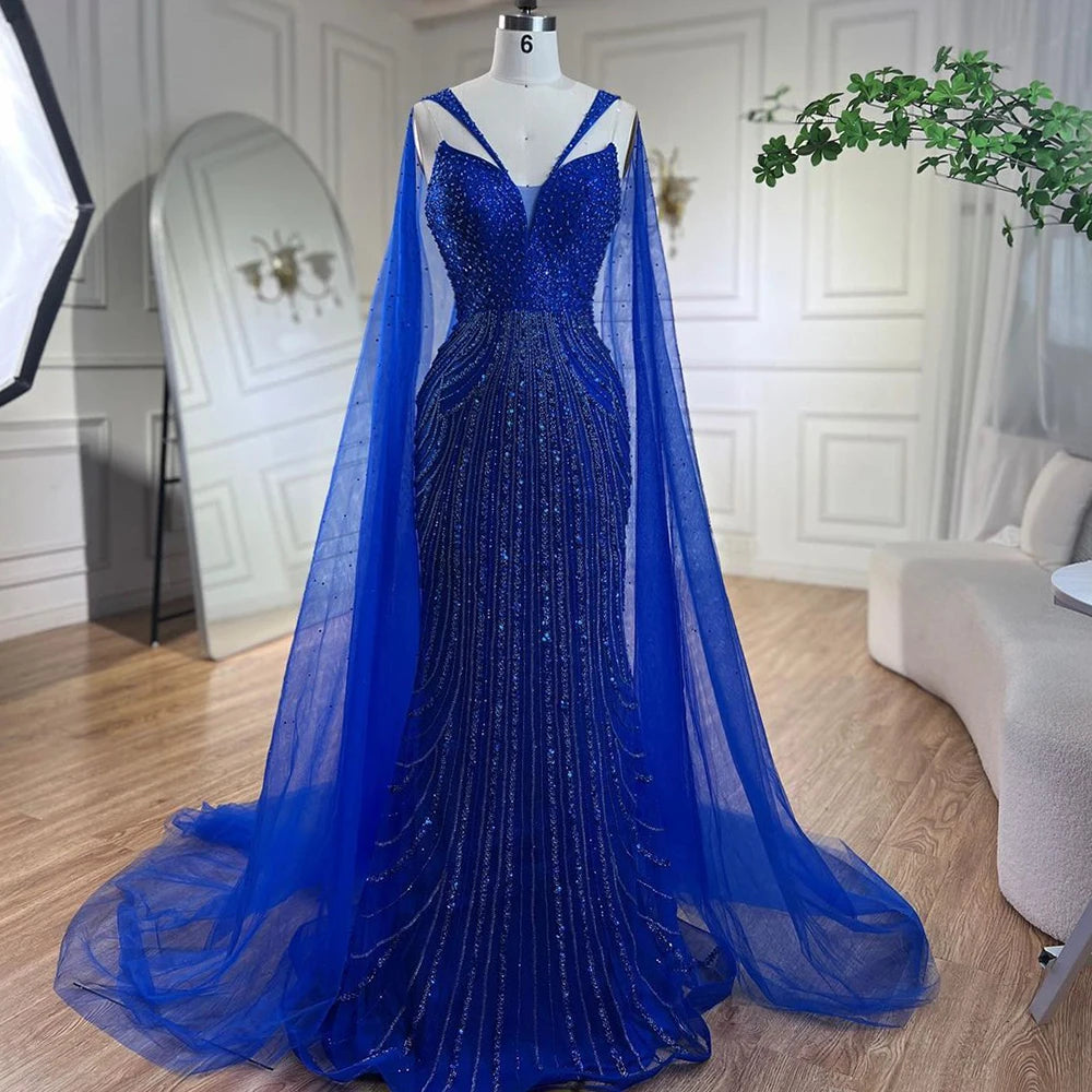 blue Elegant Cape Sleeves Luxury Evening Dresses Gowns 2024