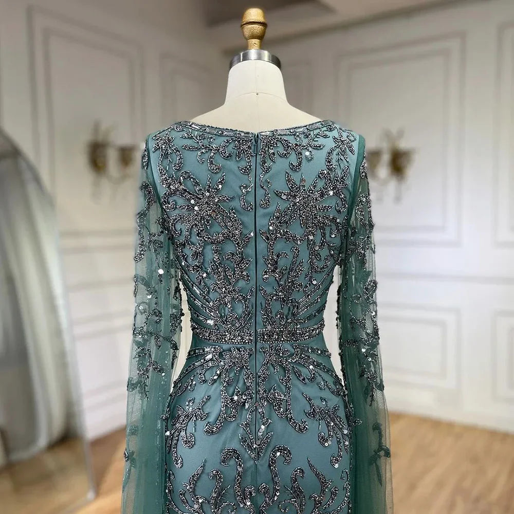 2024 turquoise with Beaded Cape Sleeves Design Long Evening