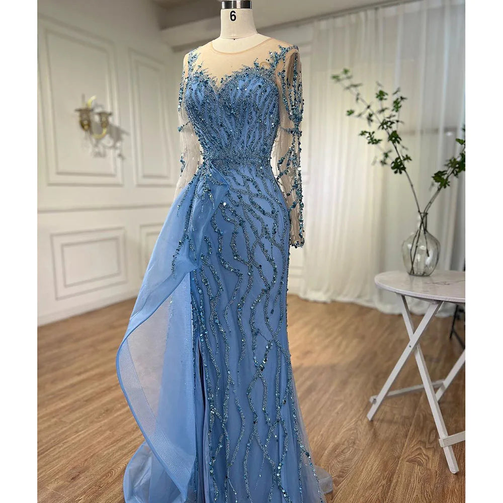 Blue Long Sleevele Elegant High Split Evening Dresses