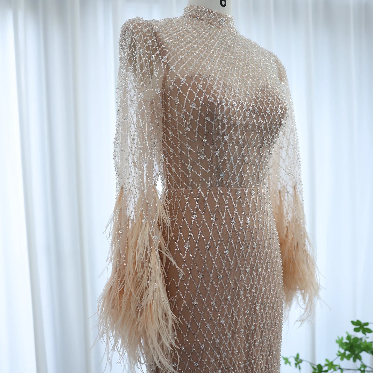 Feathers Nude Evening Dresses Long Sleeves Elegant High Neck