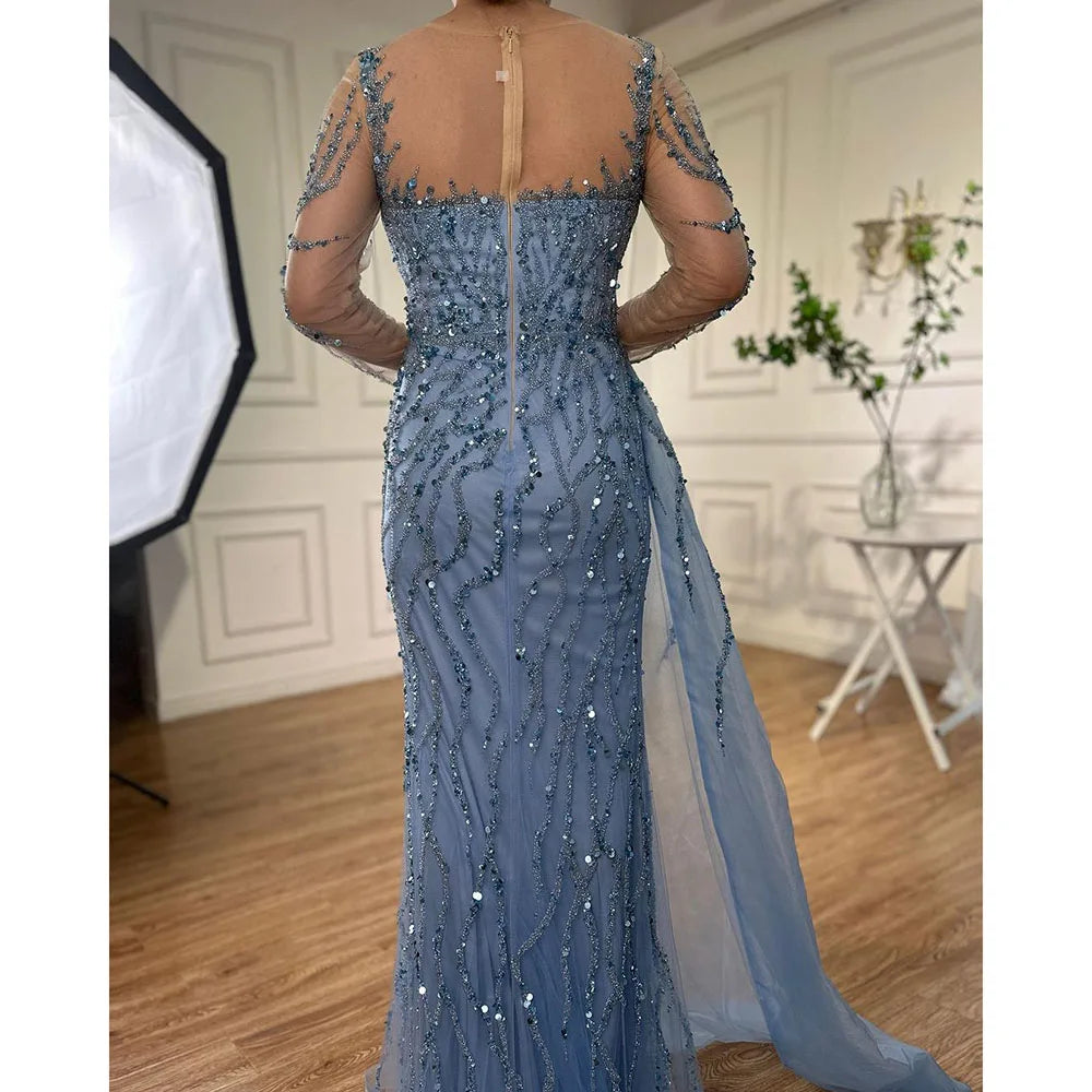 Blue Long Sleevele Elegant High Split Evening Dresses