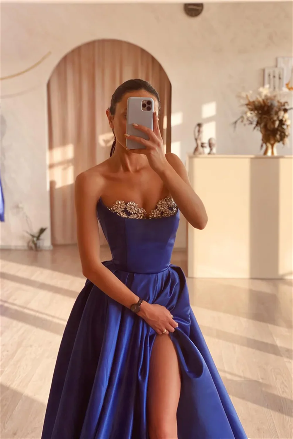 Dark Blue Prom Dresses Off Shoulder Satin