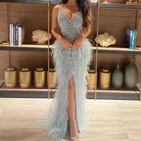 Luxury Feather Evening Dress for Women 2024