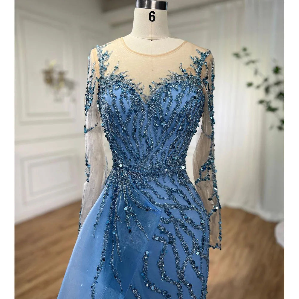 Blue Long Sleevele Elegant High Split Evening Dresses