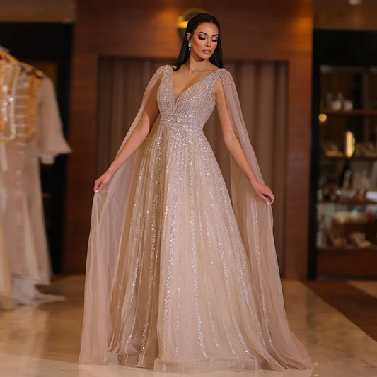 Luxury Nude Evening Dress with Cape Sleeves Blush Pink