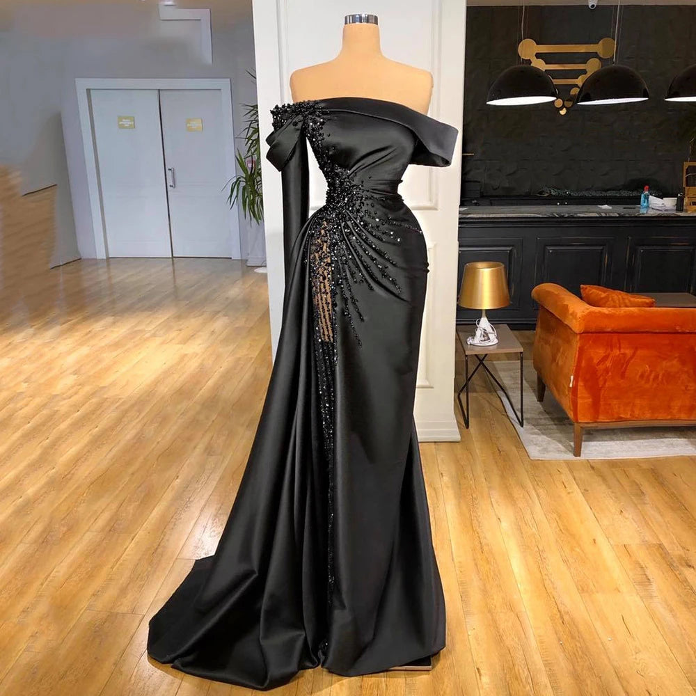 Off-shoulder Black Pageant Party Gown Luxury Pearls Evening Dress