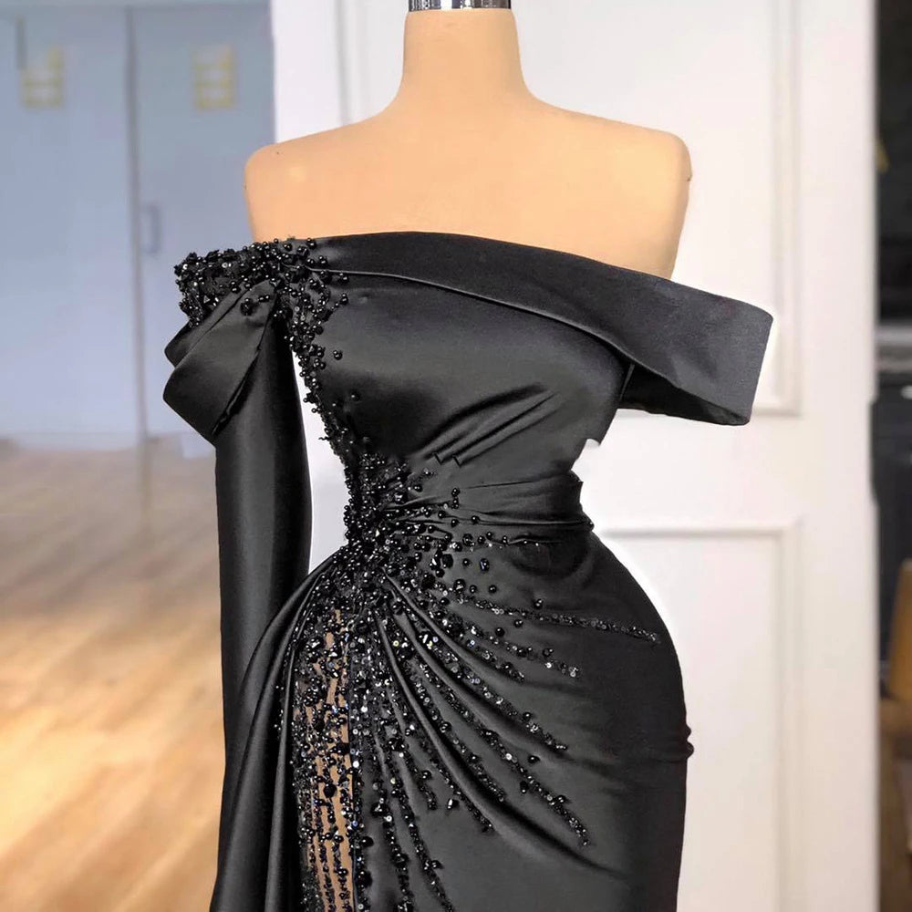 Off-shoulder Black Pageant Party Gown Luxury Pearls Evening Dress