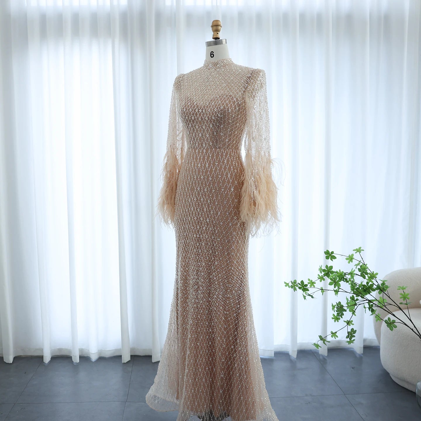 Feathers Nude Evening Dresses Long Sleeves Elegant High Neck