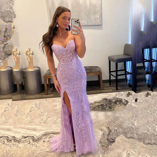 Lilac Lace Embroid Evening Dress Sexy Prom Dress 2024