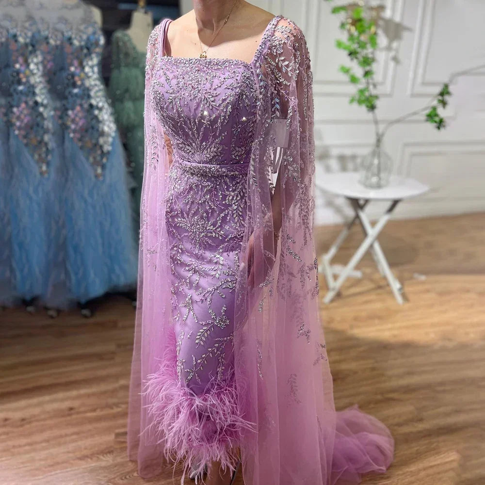 Lilac Ankle Length  Midi Feather Beaded Luxury Evening Dresses With Cape Gowns For Women Party 2024