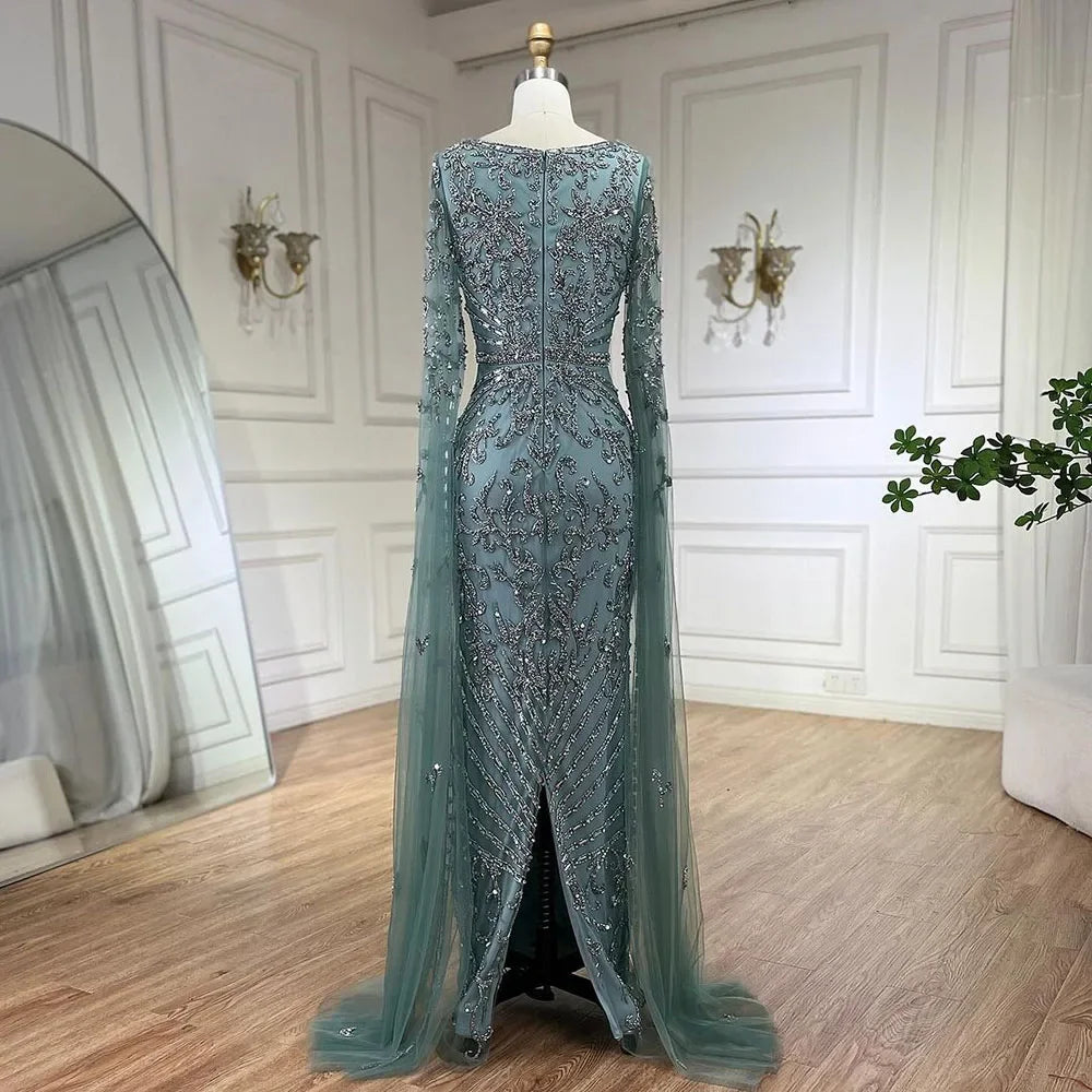 2024 turquoise with Beaded Cape Sleeves Design Long Evening