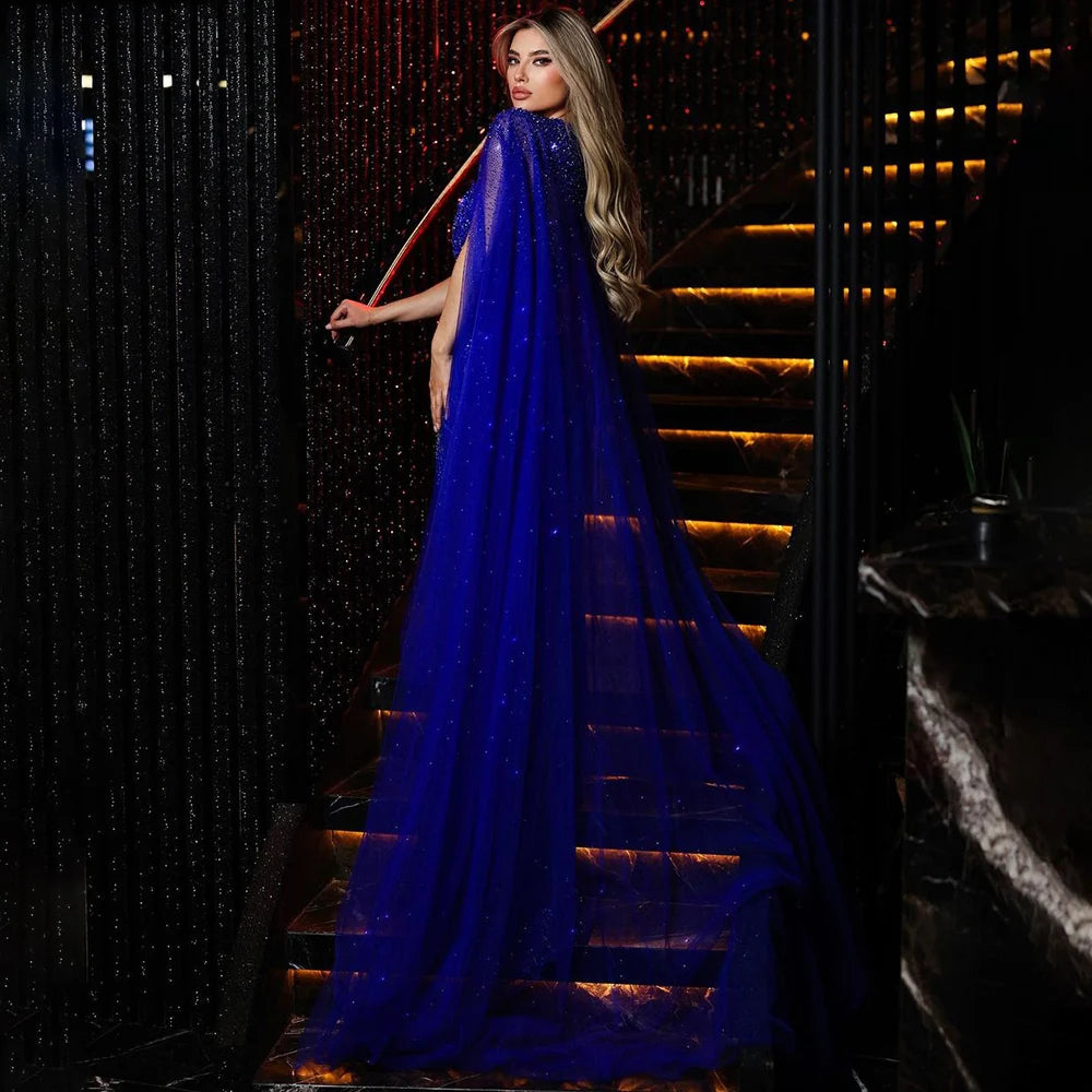 blue Elegant Cape Sleeves Luxury Evening Dresses Gowns 2024