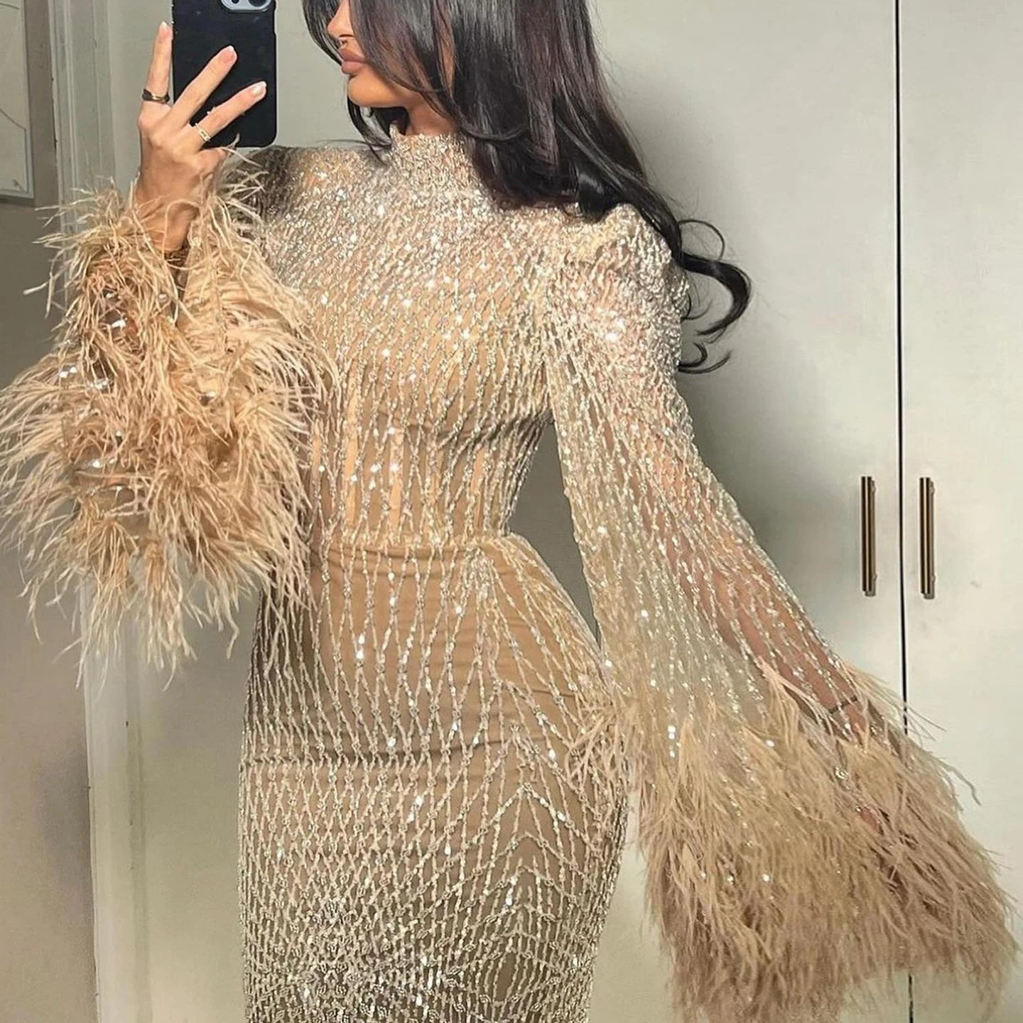 Feathers Nude Evening Dresses Long Sleeves Elegant High Neck