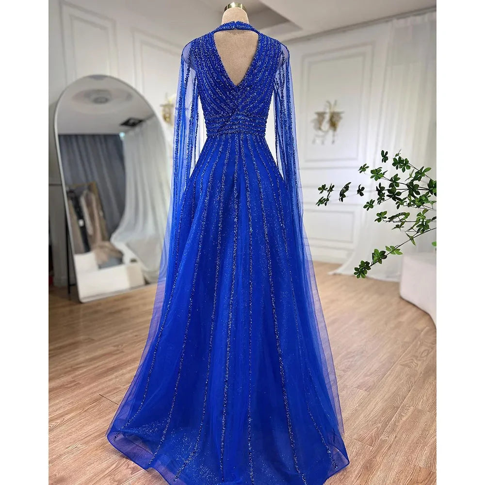 blue A Line Elegant Cape Sleeves Beaded Evening